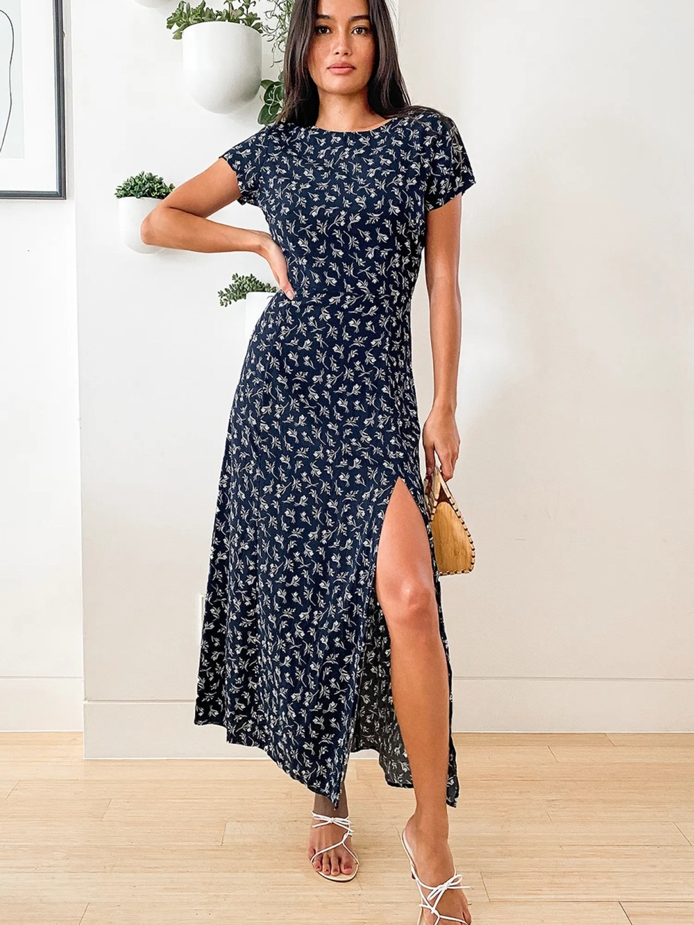 Lulu's Navy Floral Midi Dress with Side Slit